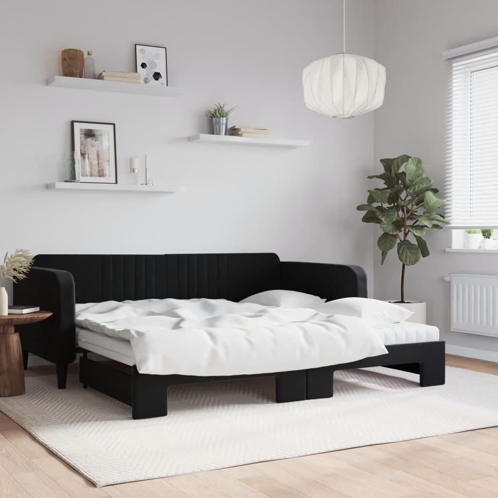 Lit de jour avec lit gigogne et matelas noir 100x200 cm velours - XIOS