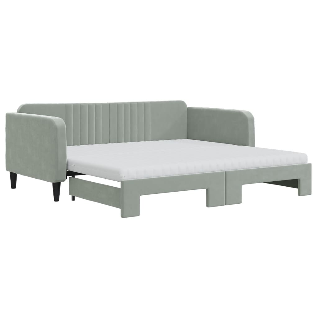 Lit de jour avec gigogne et matelas gris clair 90x190cm velours - XIOS