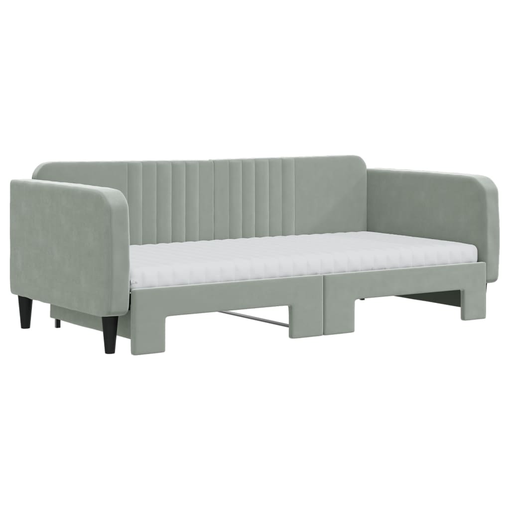 Lit de jour avec gigogne et matelas gris clair 90x190cm velours - XIOS