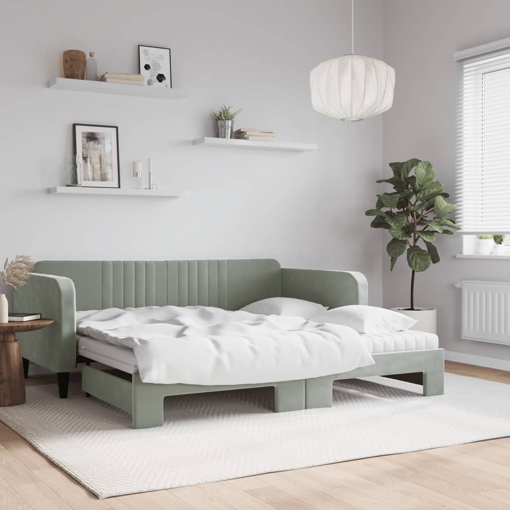 Lit de jour avec gigogne et matelas gris clair 90x190cm velours - XIOS