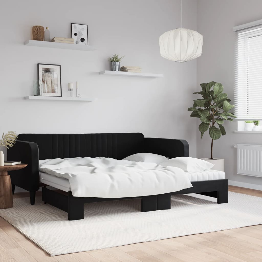 Lit de jour avec gigogne et matelas noir 90x190 cm velours - XIOS