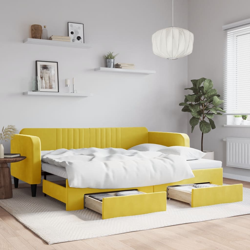 Lit de jour avec gigogne et tiroirs jaune 90x200 cm velours - XIOS