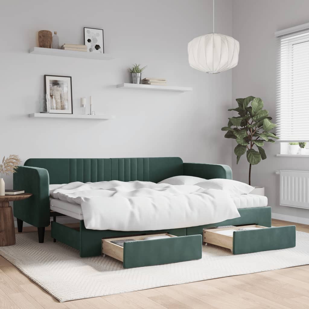 Lit de jour avec gigogne et tiroirs vert foncé 80x200cm velours - XIOS