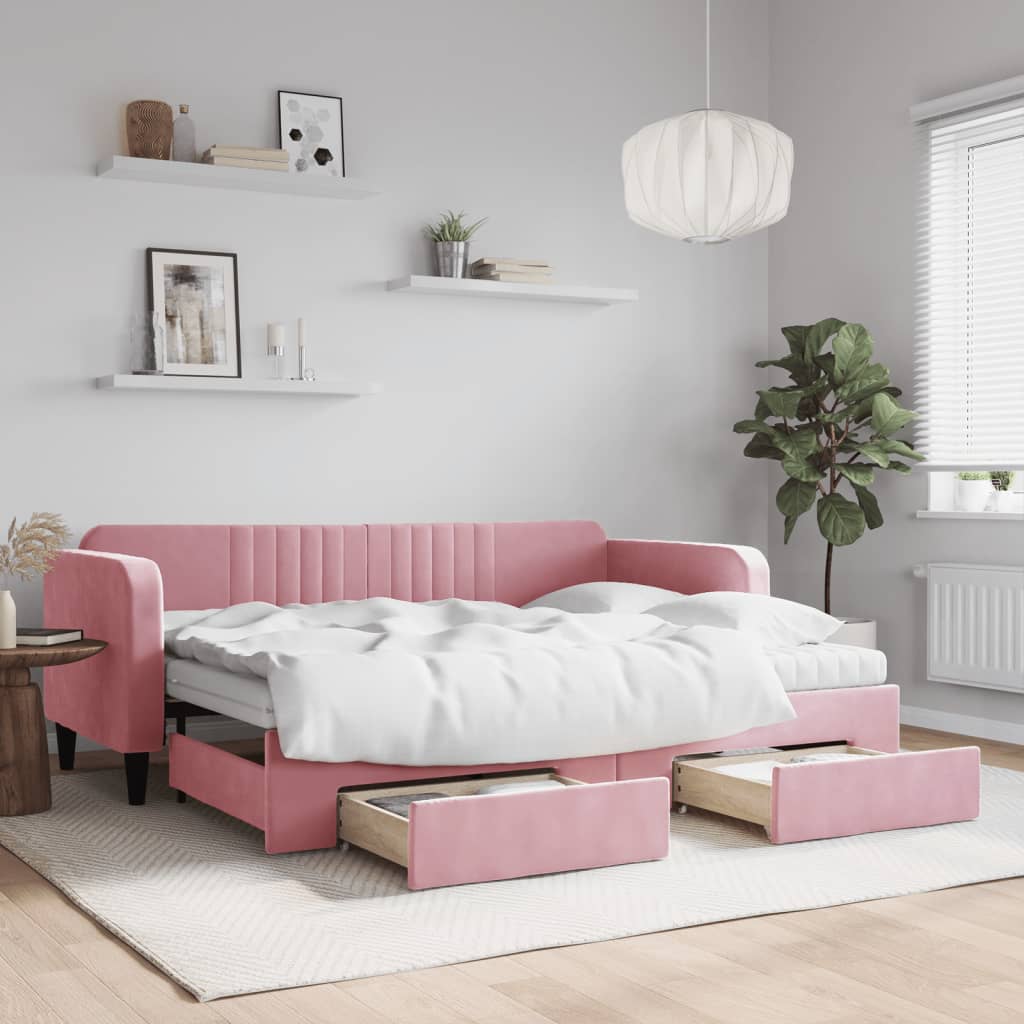 Lit de jour avec gigogne et tiroirs rose 80x200 cm velours - XIOS