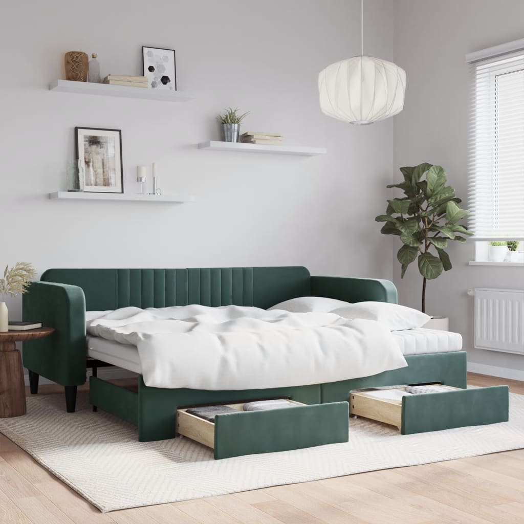 Lit de jour avec gigogne et tiroirs vert foncé 90x200cm velours - XIOS