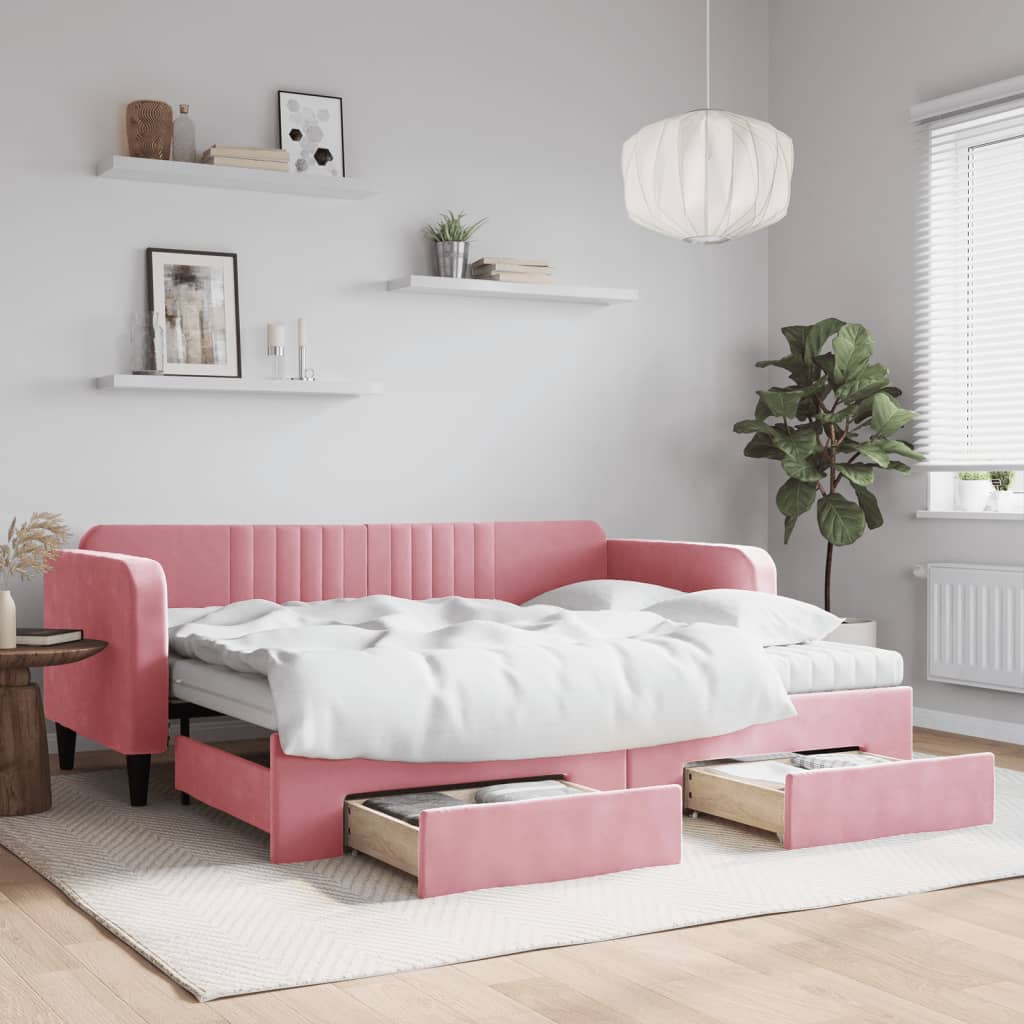Lit de jour avec gigogne et tiroirs rose 90x200 cm velours - XIOS