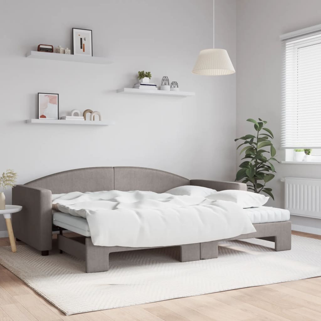 Lit de jour avec gigogne et matelas taupe 90x200 cm tissu - XIOS