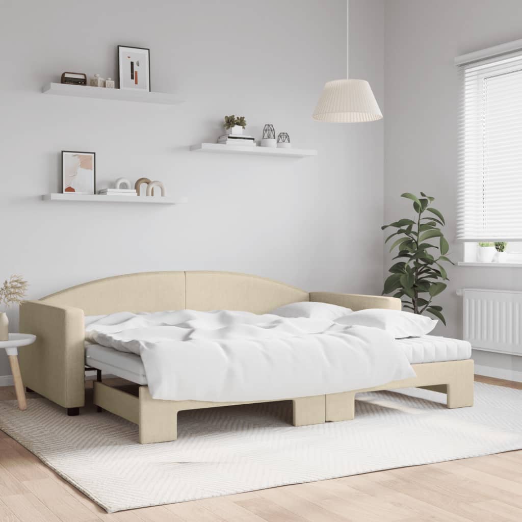 Lit de jour avec gigogne et matelas crème 90x200 cm tissu - XIOS