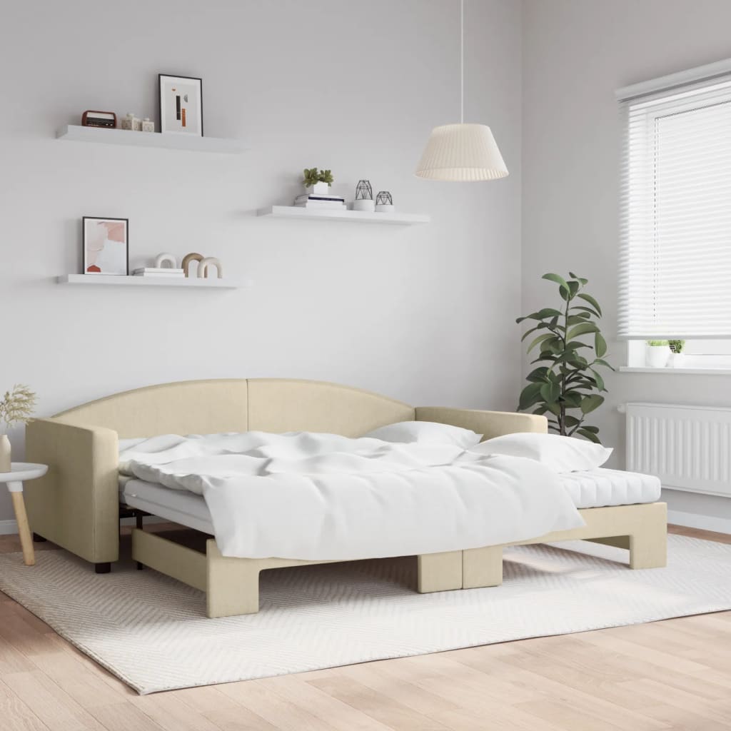 Lit de jour avec gigogne et matelas crème 100x200 cm tissu - XIOS