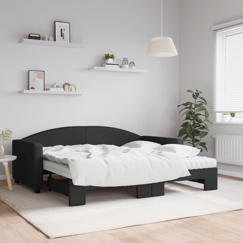 Lit de jour avec gigogne et matelas noir 90x190 cm tissu - XIOS