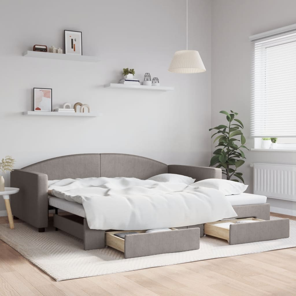 Lit de jour avec gigogne et tiroirs taupe 100x200 cm tissu - XIOS
