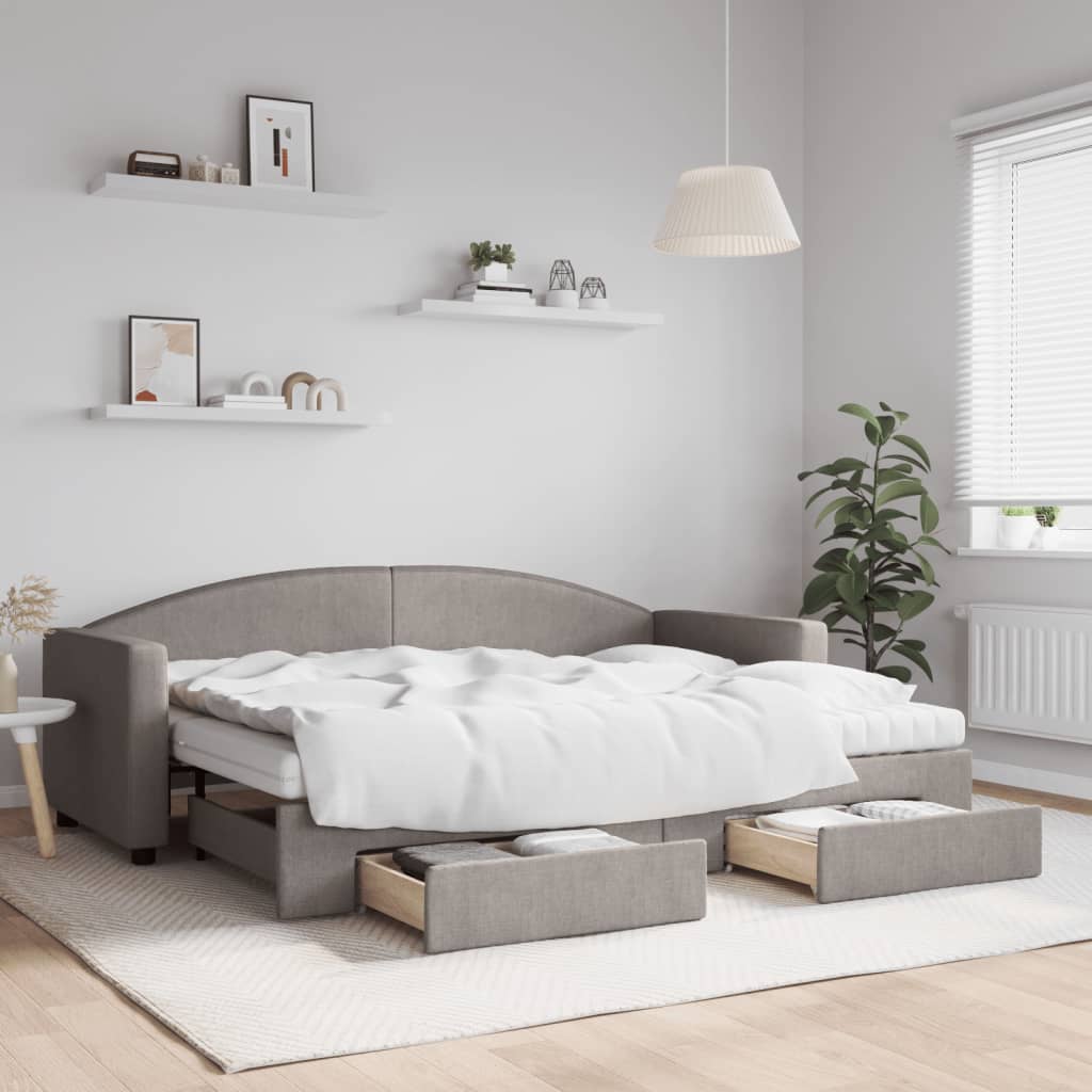 Lit de jour avec gigogne et tiroirs taupe 80x200 cm tissu - XIOS