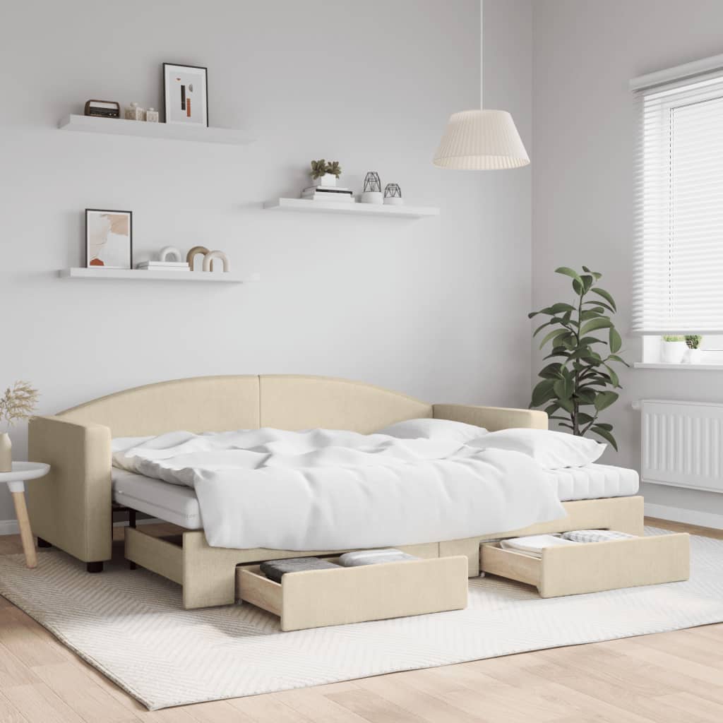 Lit de jour avec gigogne et tiroirs crème 80x200 cm tissu - XIOS