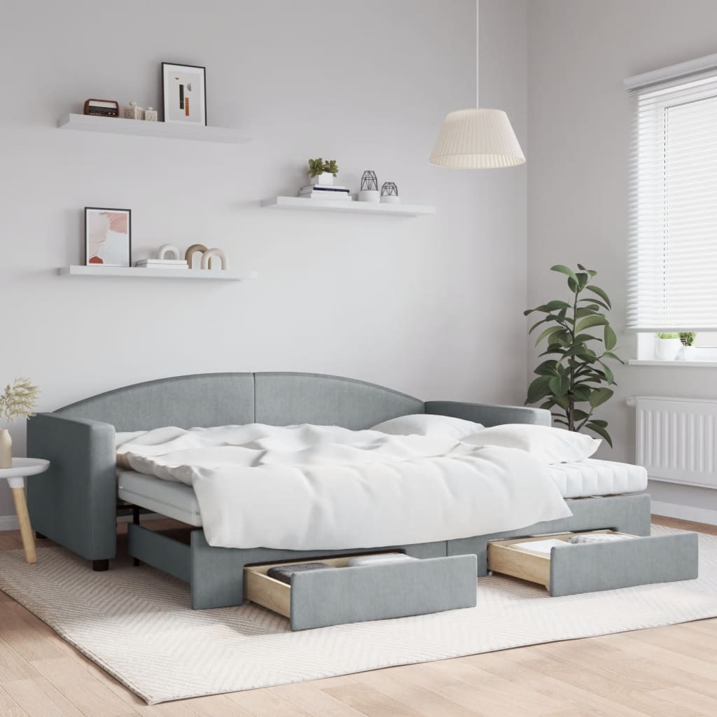 Lit de jour avec gigogne et tiroirs gris clair 90x200 cm tissu - XIOS