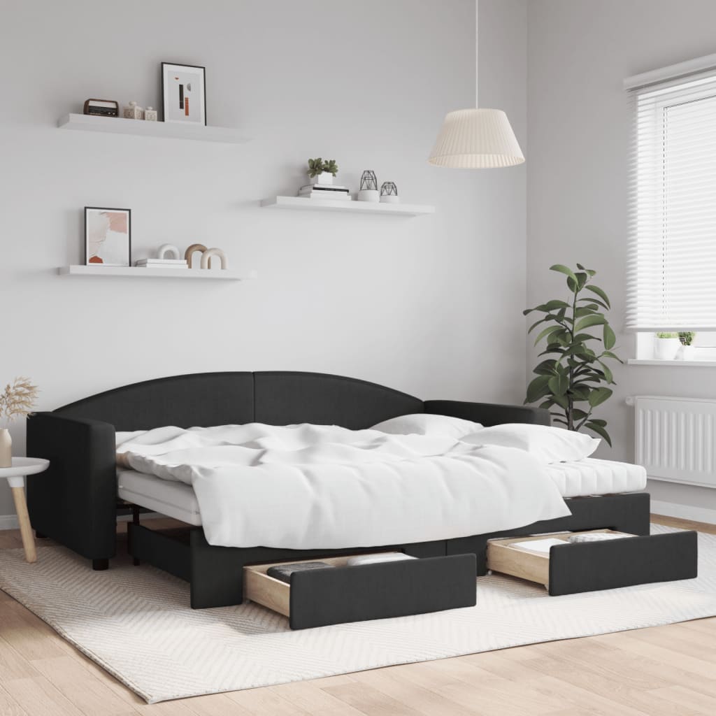 Lit de jour avec gigogne et tiroirs noir 90x200 cm tissu - XIOS