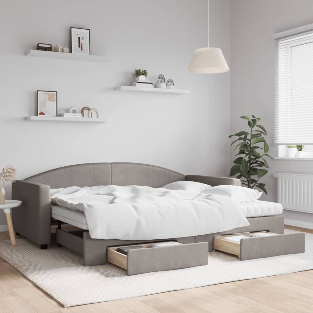 Lit de jour avec gigogne et tiroirs taupe 90x200 cm tissu - XIOS