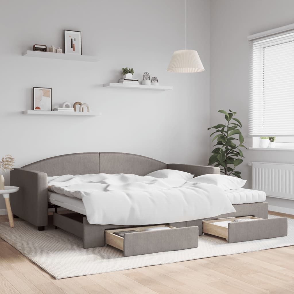 Lit de jour avec gigogne et tiroirs taupe 100x200 cm tissu - XIOS