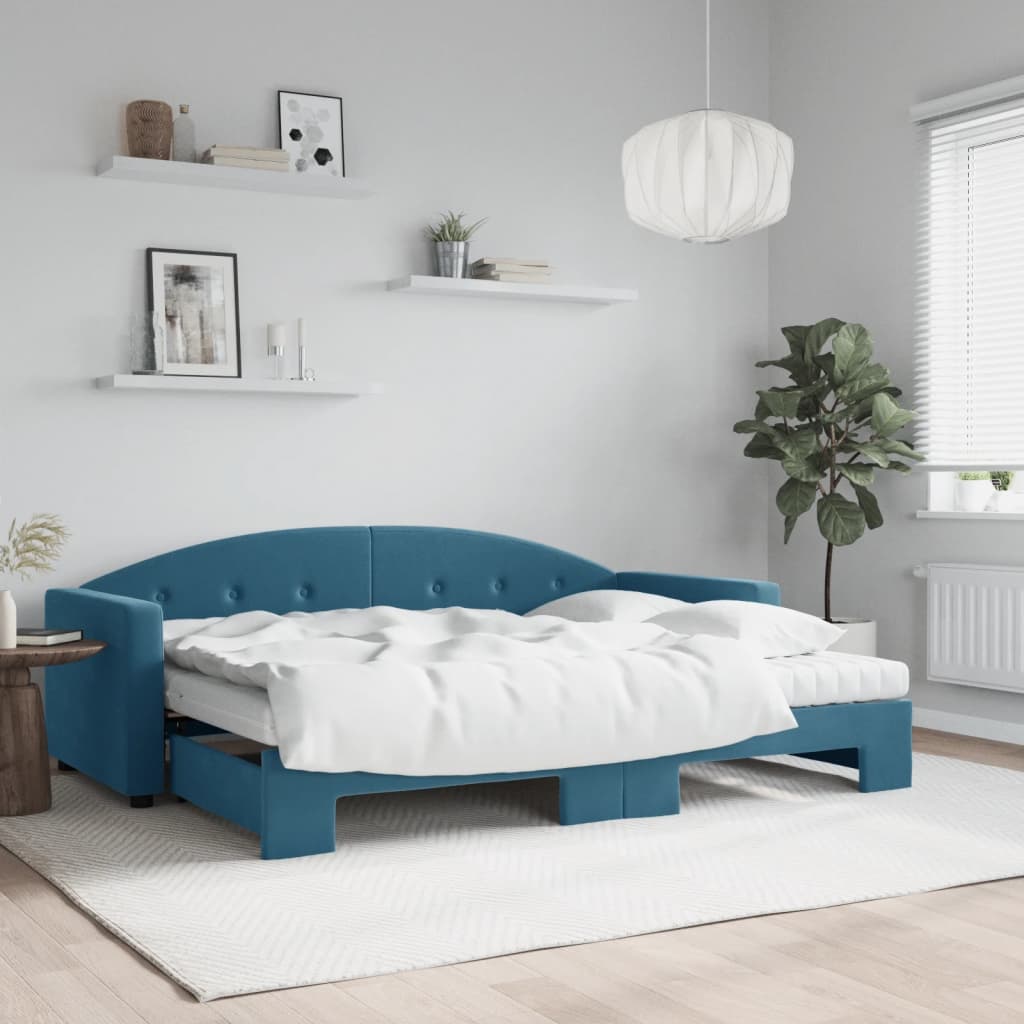 Lit de jour avec lit gigogne et matelas bleu 80x200 cm velours - XIOS