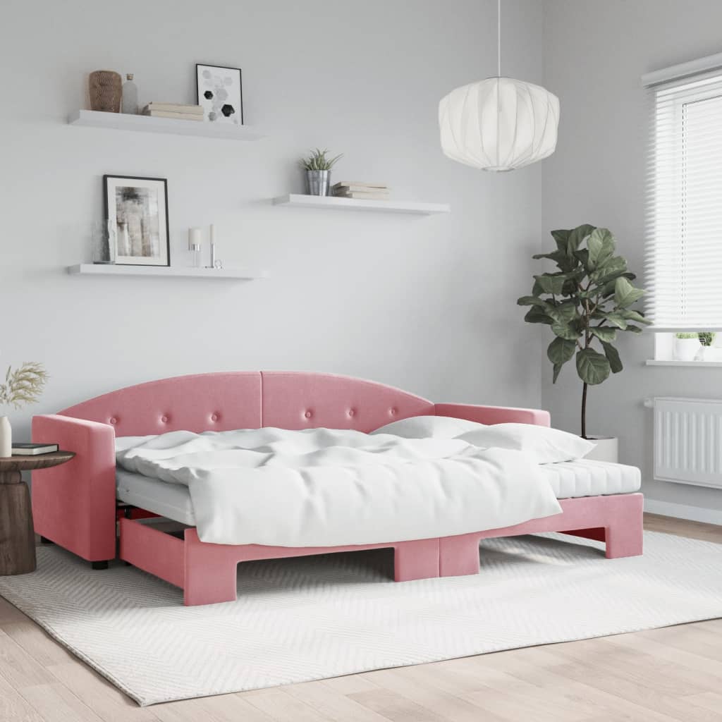Lit de jour avec lit gigogne et matelas rose 80x200 cm velours - XIOS