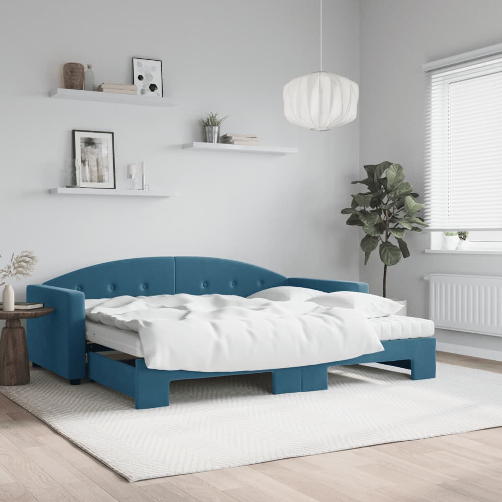 Lit de jour avec lit gigogne et matelas bleu 90x200 cm velours - XIOS