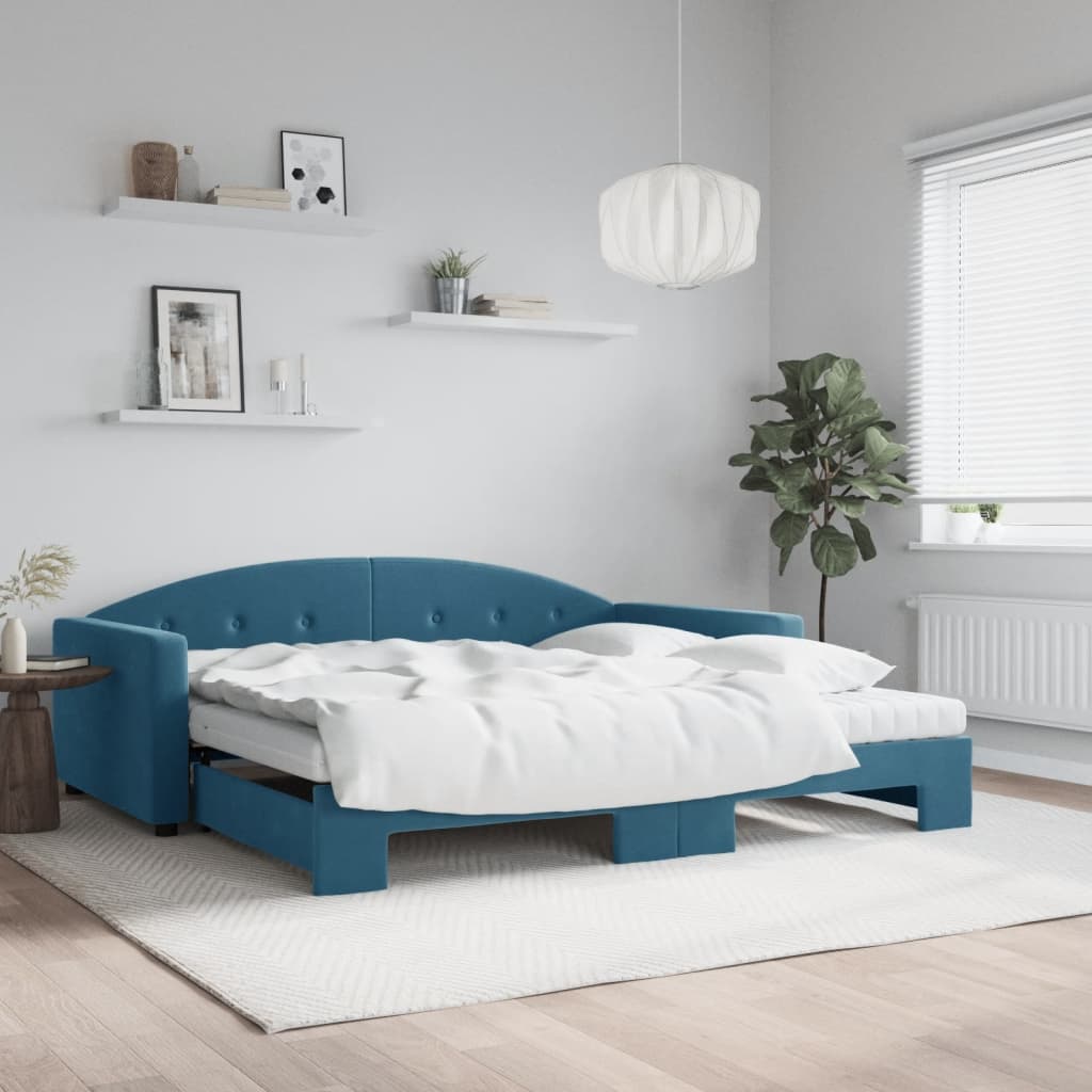 Lit de jour avec lit gigogne et matelas bleu 100x200 cm velours - XIOS