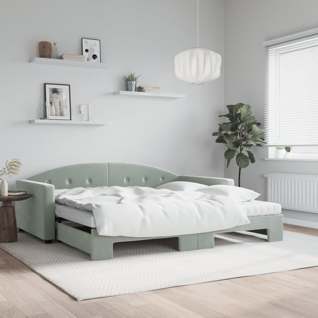Lit de jour et gigogne et matelas gris clair 100x200 cm velours - XIOS