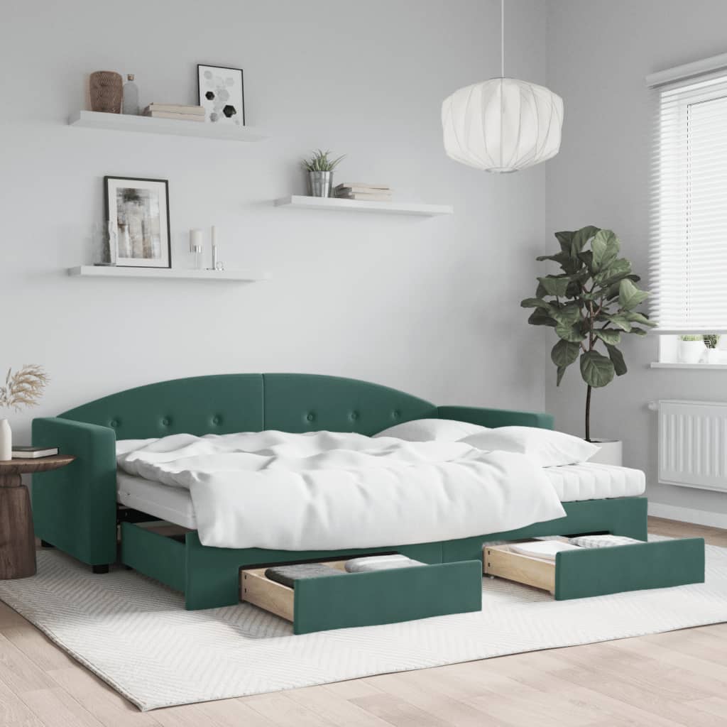 Lit de jour avec gigogne et tiroirs vert foncé 80x200cm velours - XIOS