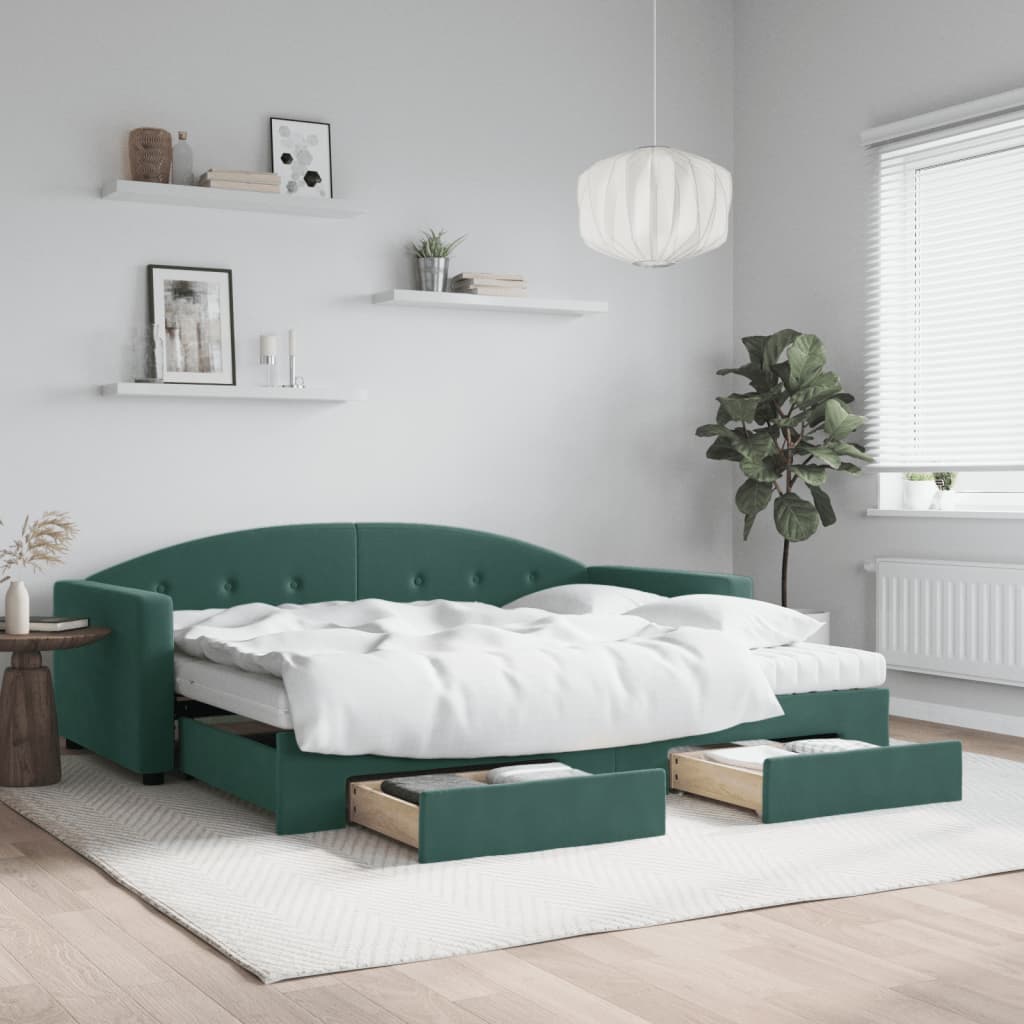 Lit de jour avec gigogne et tiroirs vert foncé 90x200cm velours - XIOS