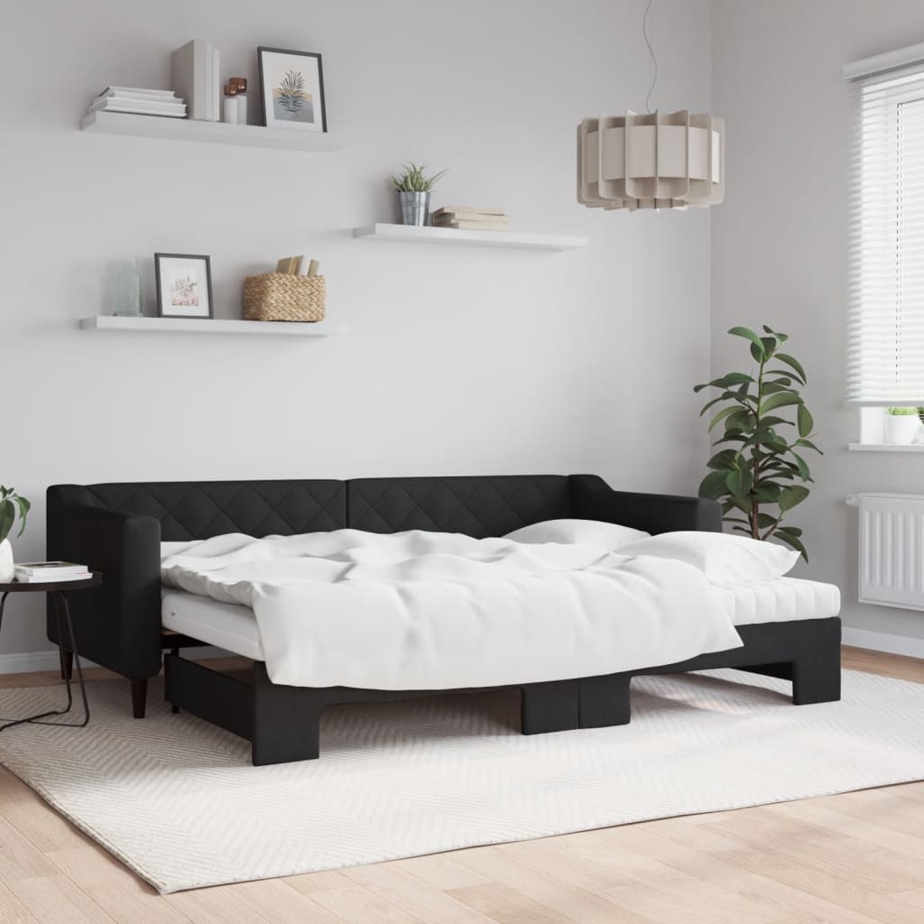 Lit de jour avec lit gigogne et matelas noir 80x200 cm tissu - XIOS