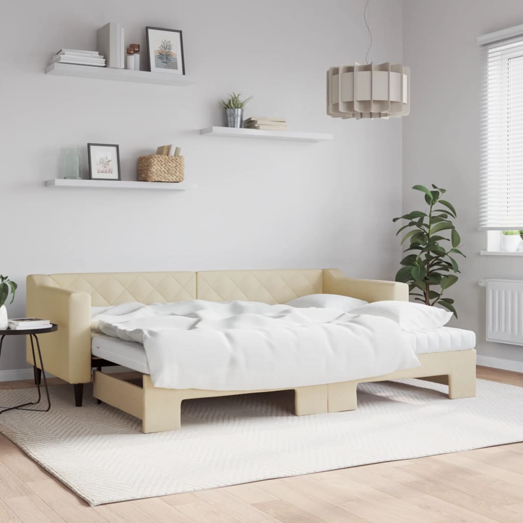 Lit de jour avec gigogne et matelas crème 80x200 cm tissu - XIOS