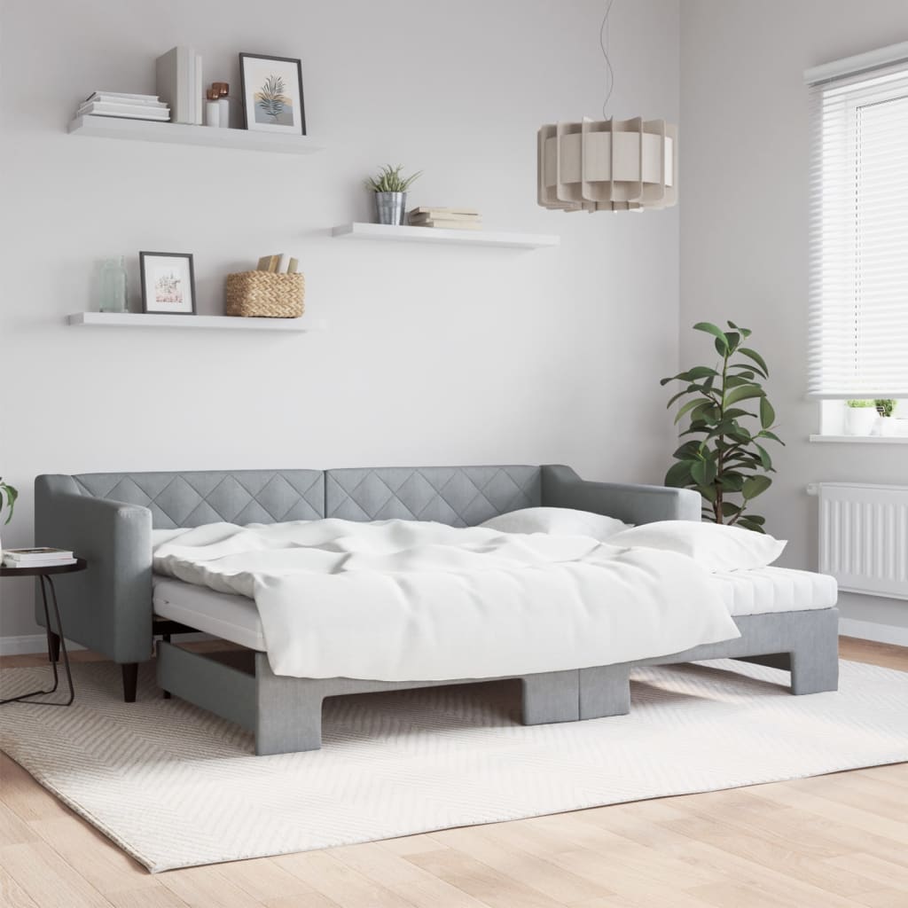 Lit de jour avec gigogne et matelas gris clair 90x200 cm tissu - XIOS