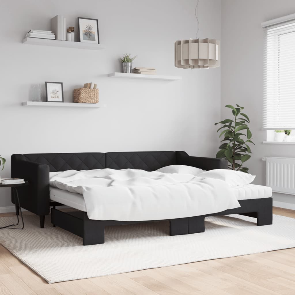 Lit de jour avec gigogne et matelas noir 90x200 cm tissu - XIOS