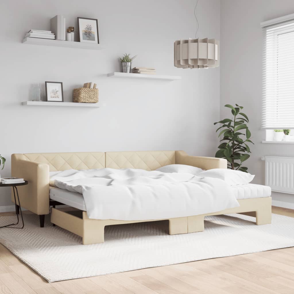 Lit de jour avec gigogne et matelas crème 90x200 cm tissu - XIOS