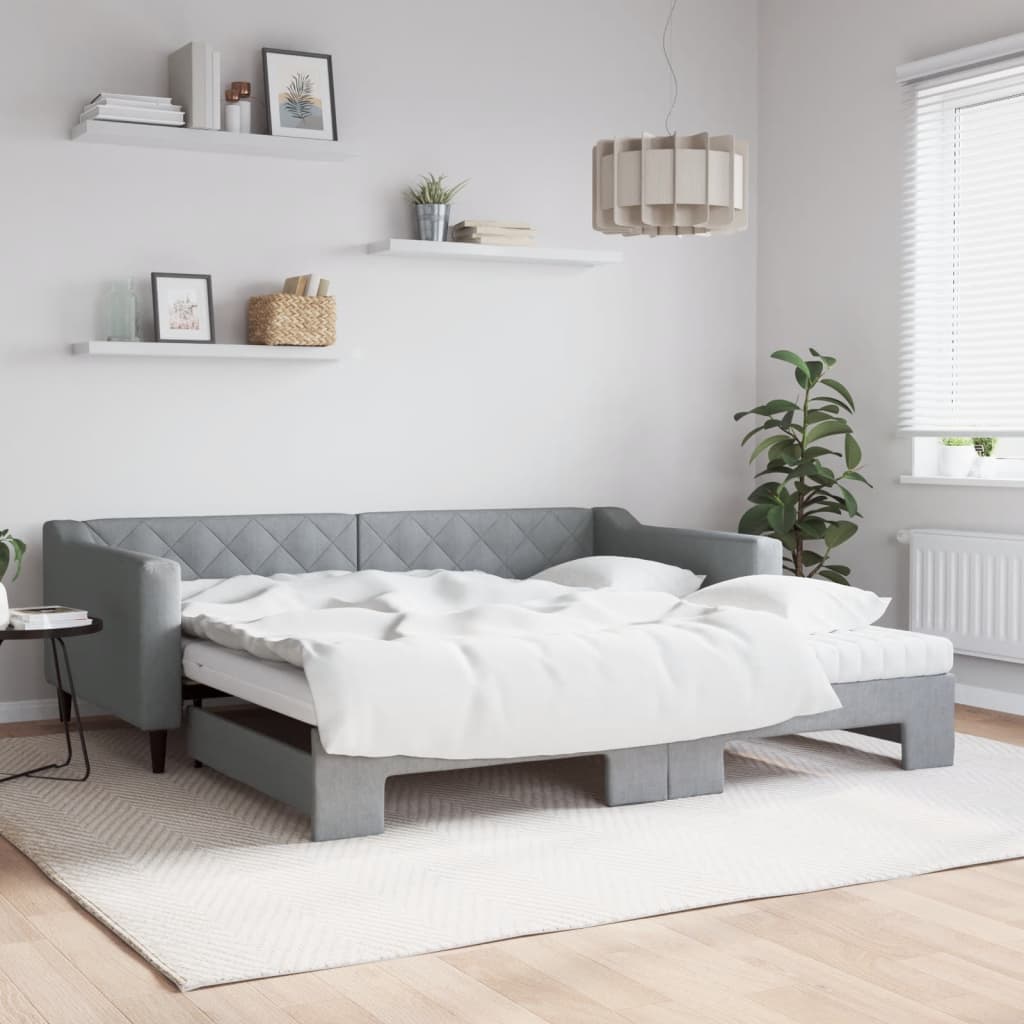 Lit de jour avec gigogne et matelas gris clair 100x200 cm tissu - XIOS