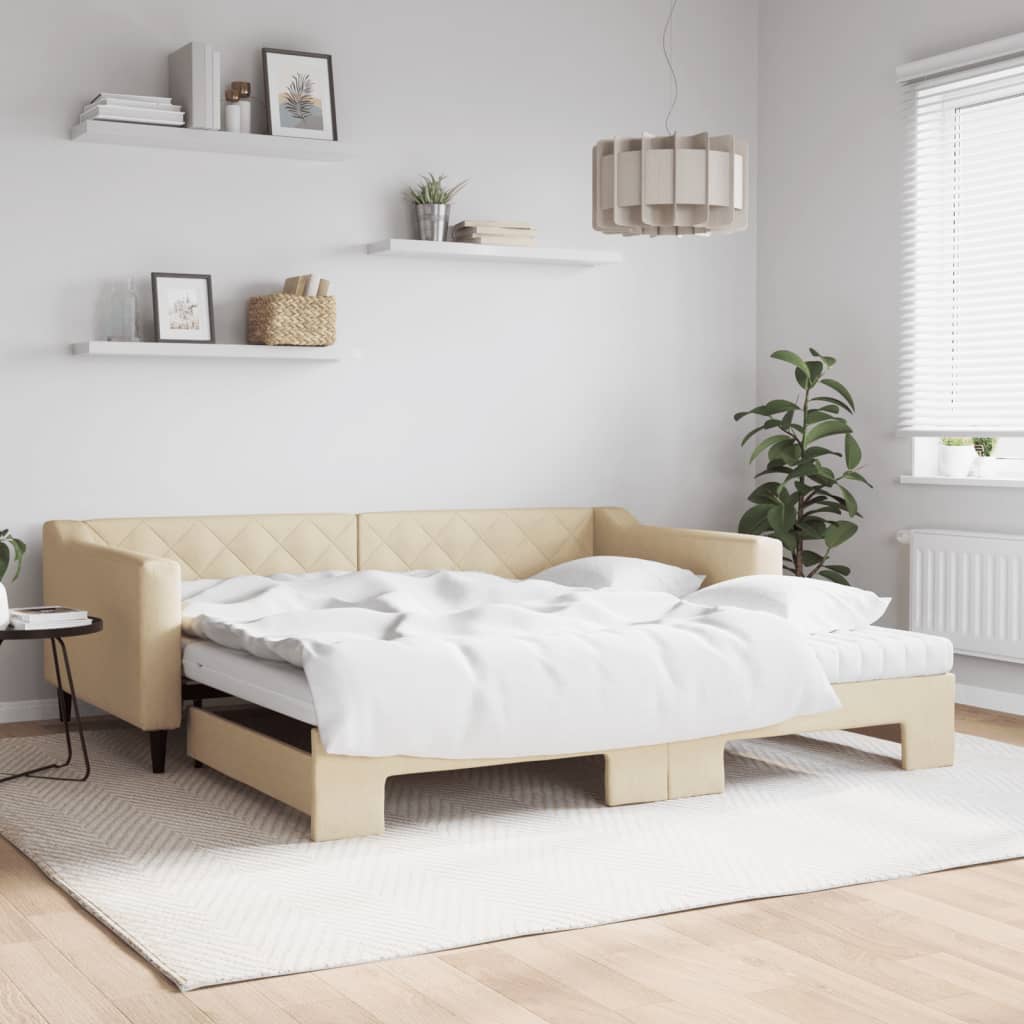 Lit de jour avec gigogne et matelas crème 100x200 cm tissu - XIOS