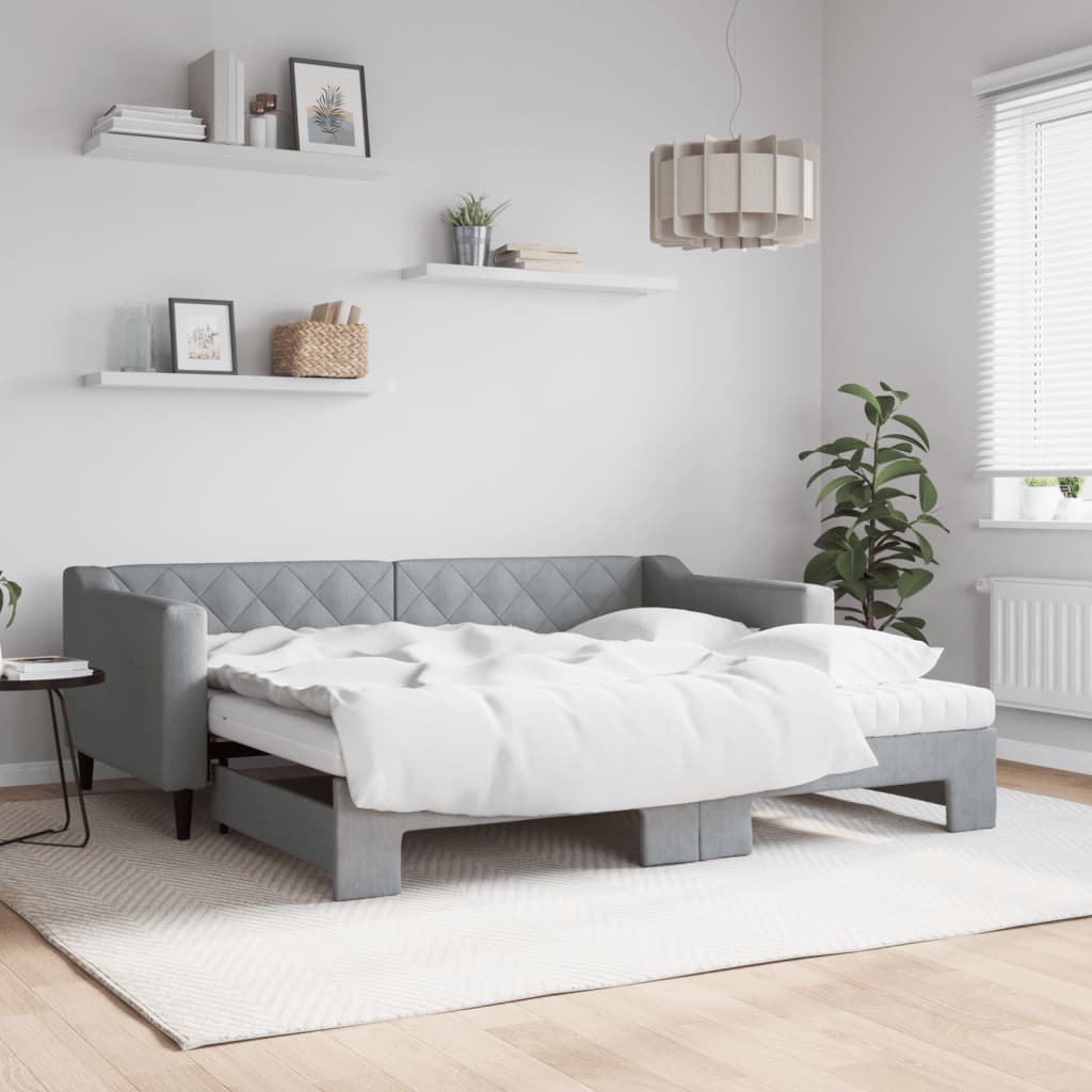 Lit de jour avec gigogne et matelas gris clair 90x190 cm tissu - XIOS