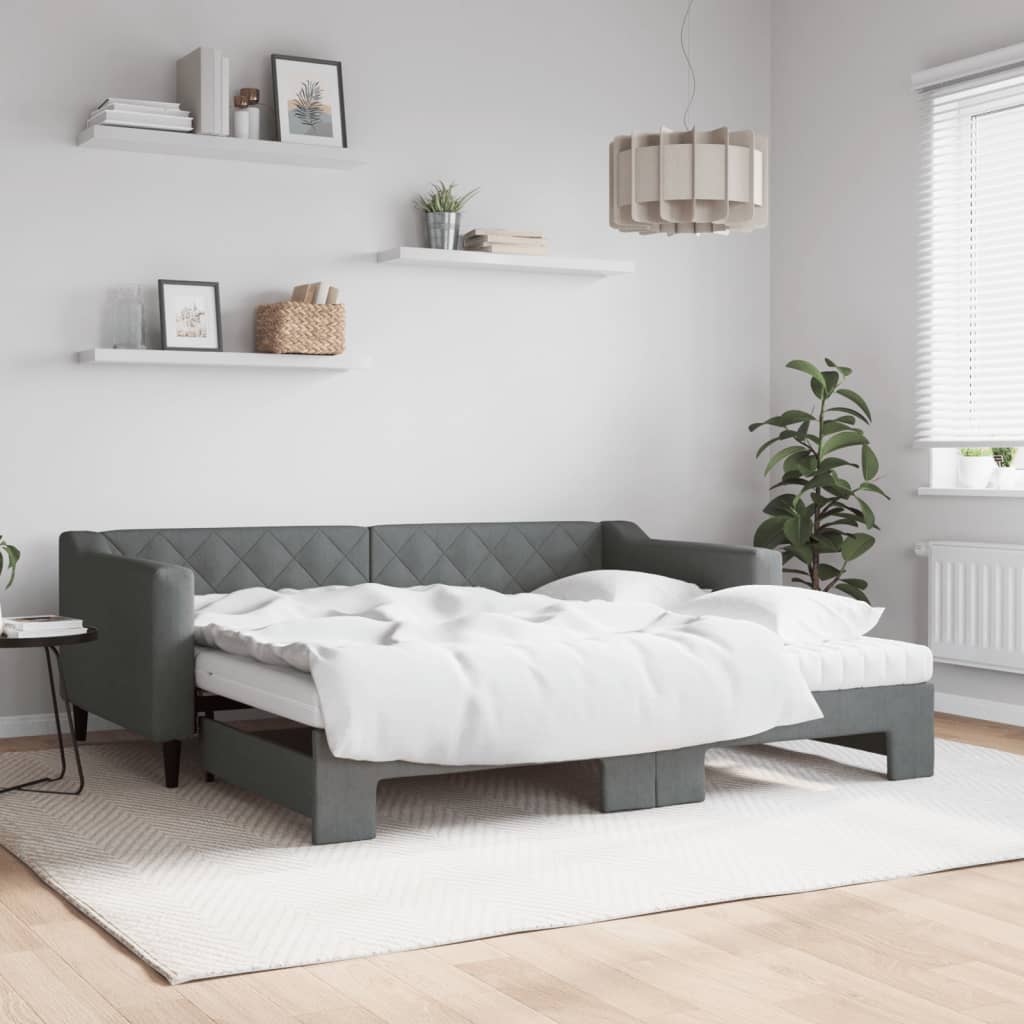 Lit de jour avec gigogne et matelas gris foncé 90x190 cm tissu - XIOS
