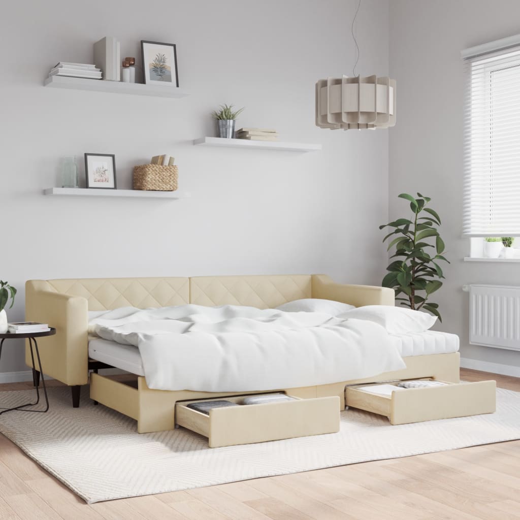Lit de jour avec gigogne et tiroirs crème 80x200 cm tissu - XIOS