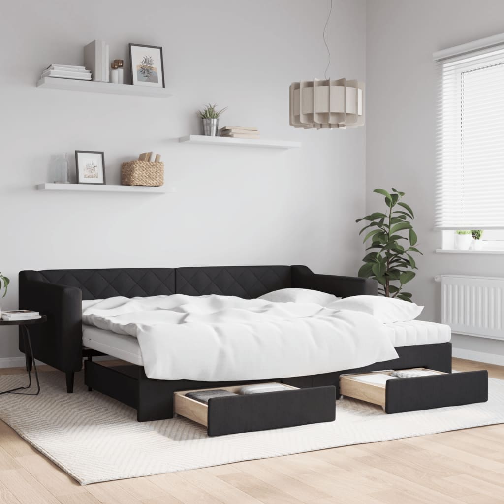Lit de jour avec gigogne et tiroirs noir 90x200 cm tissu - XIOS