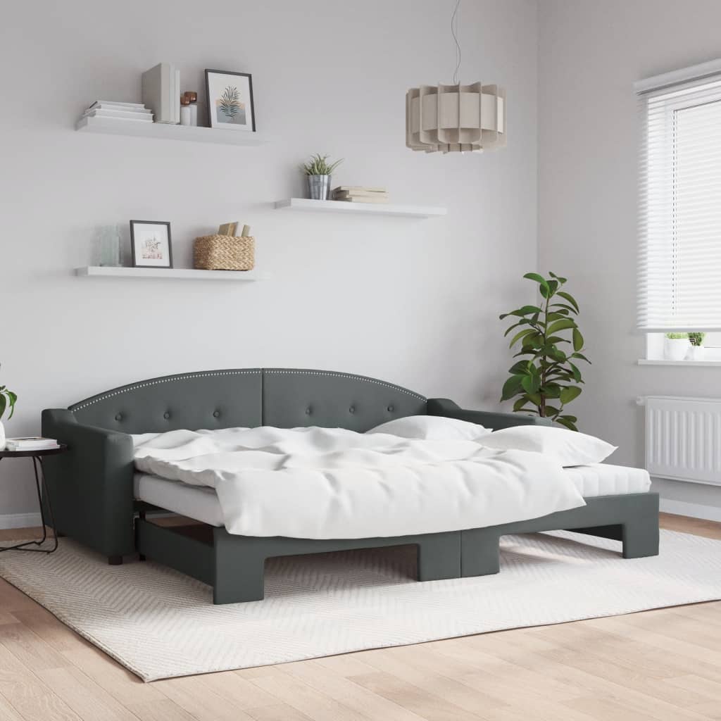 Lit de jour avec gigogne et matelas gris foncé 90x200 cm tissu - XIOS