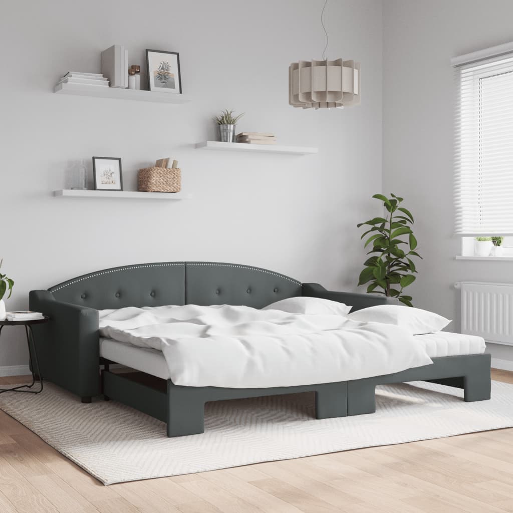 Lit de jour avec gigogne et matelas gris foncé 100x200 cm tissu - XIOS