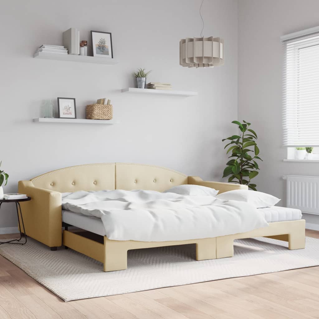 Lit de jour avec gigogne et matelas crème 100x200 cm tissu - XIOS