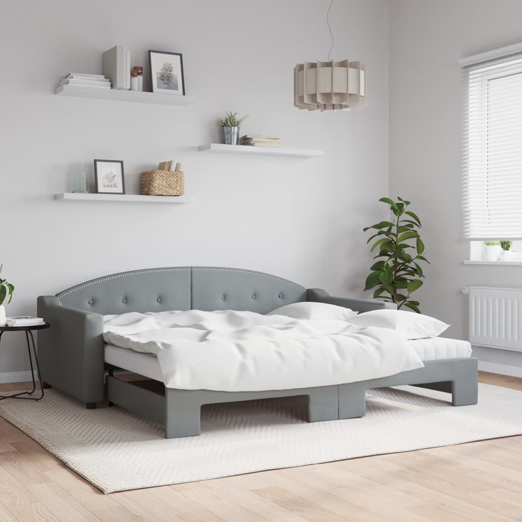 Lit de jour avec gigogne et matelas gris clair 90x190 cm tissu - XIOS