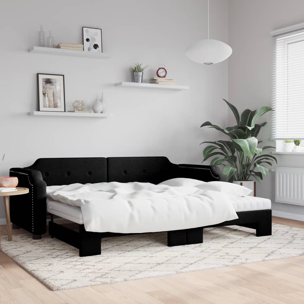 Lit de jour avec lit gigogne et matelas noir 80x200 cm tissu - XIOS