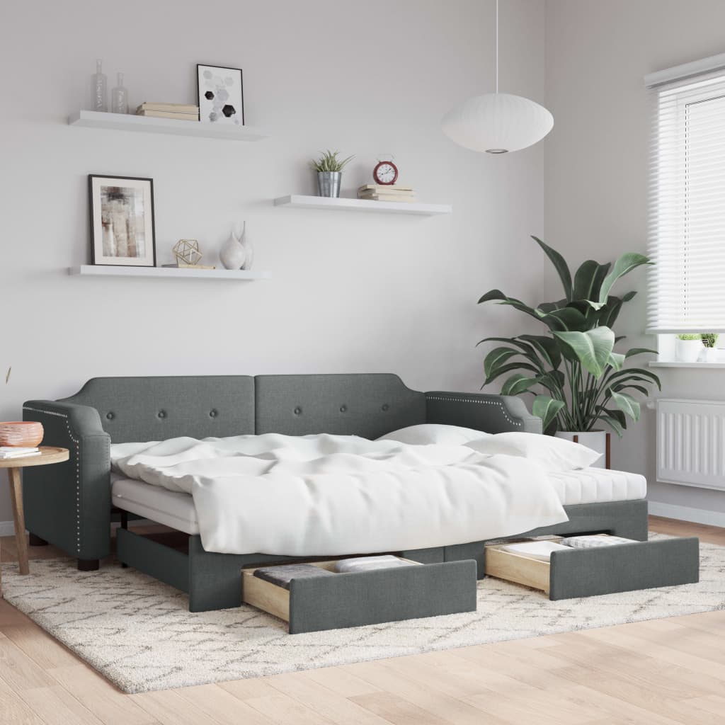 Lit de jour avec gigogne et tiroirs gris foncé 80x200 cm tissu - XIOS