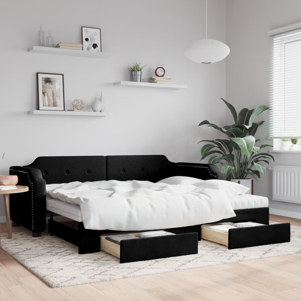Lit de jour avec gigogne et tiroirs noir 80x200 cm tissu - XIOS