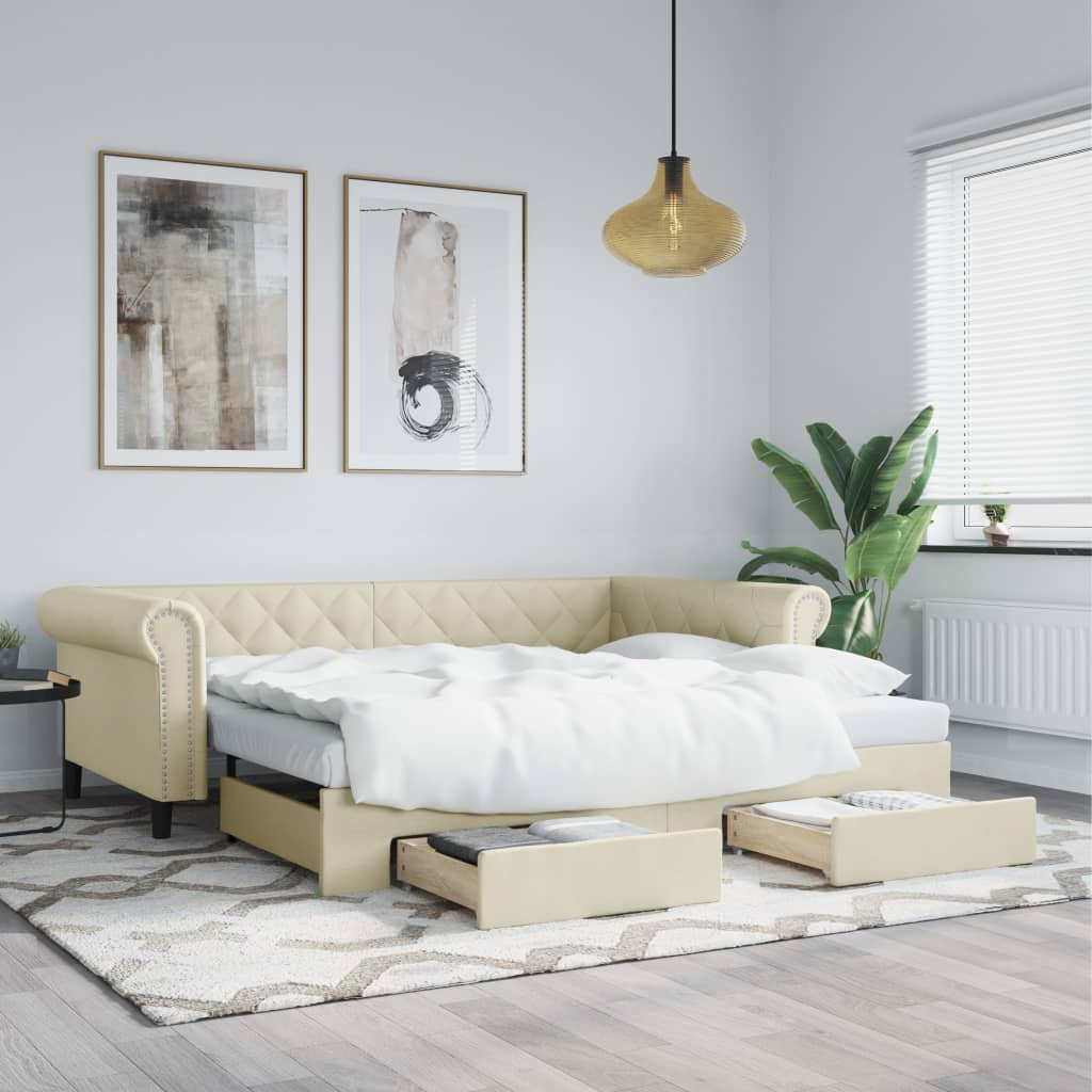Lit de jour avec gigogne et tiroirs sans matelas crème 90x200cm