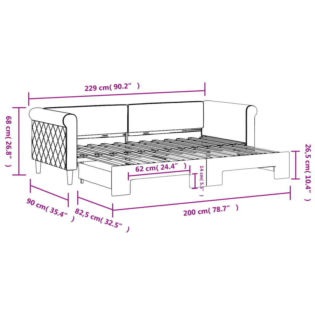 Lit de jour avec gigogne sans matelas rose 80x200 cm