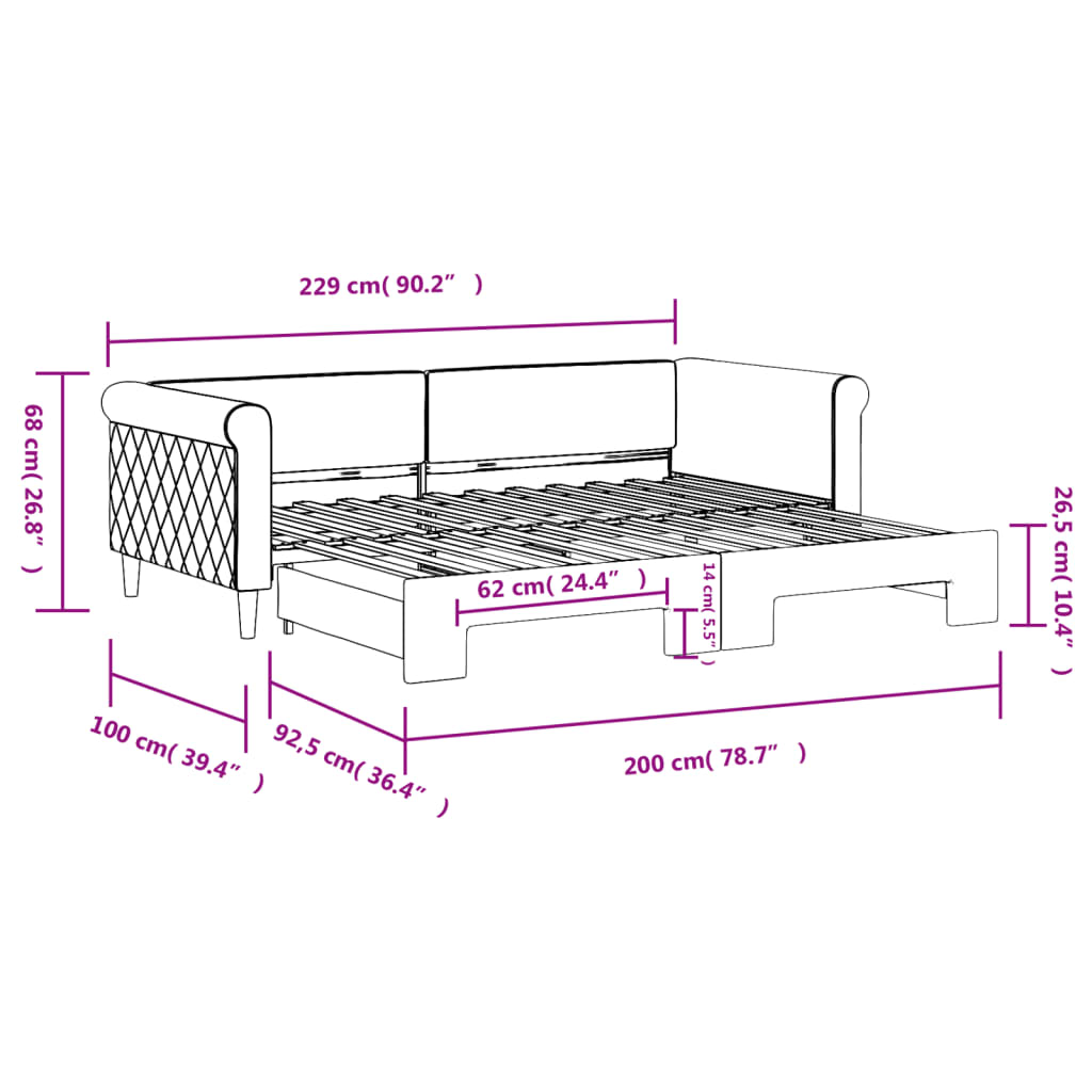 Lit de jour avec gigogne sans matelas rose 90x200 cm - XIOS
