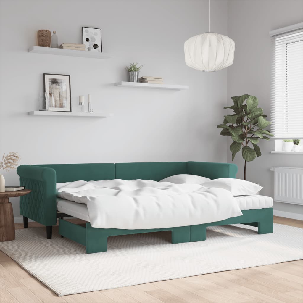 Lit de jour avec gigogne et matelas vert foncé 80x200cm velours - XIOS